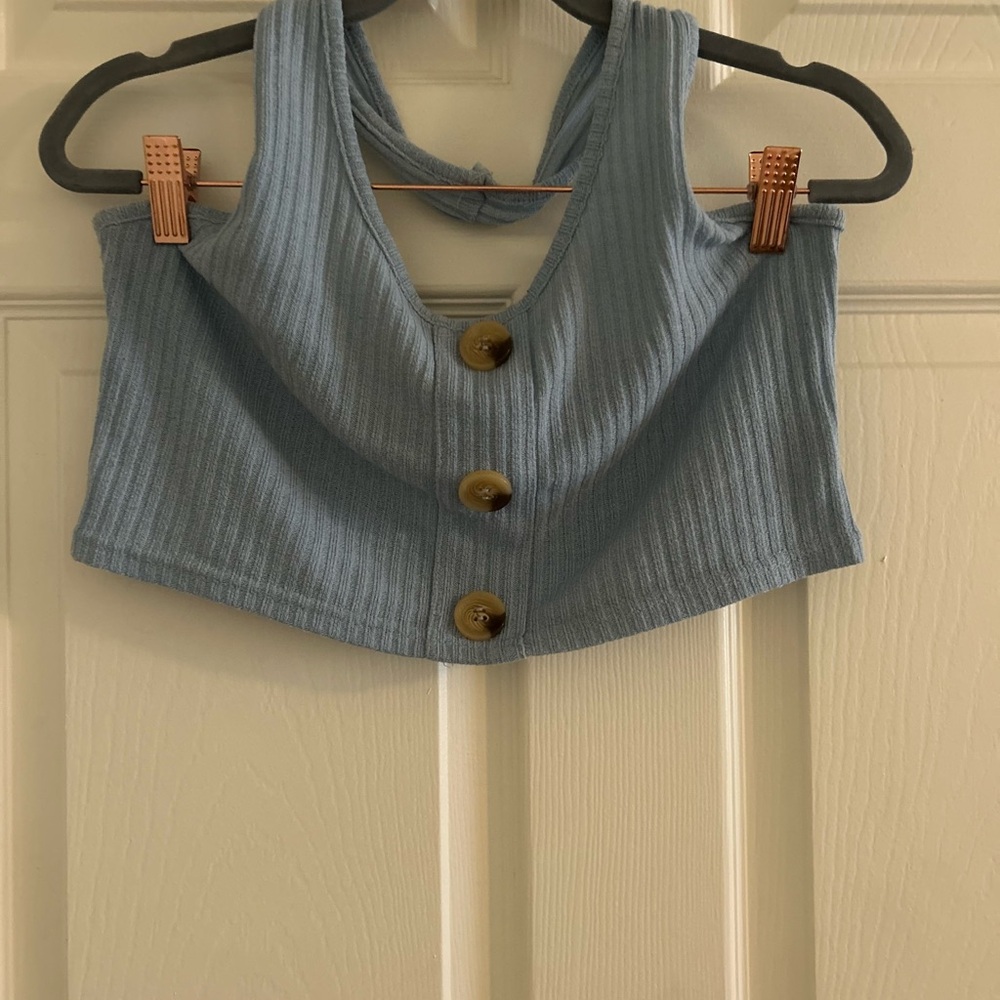 ROMWE Blue Ribbed Crop Top with Buttons